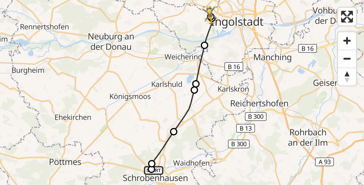 Flugroute Rettungshubschrauber Schrobenhausen District Hospital - Ingolstadt Hospital, 19 September 2026, 13:05