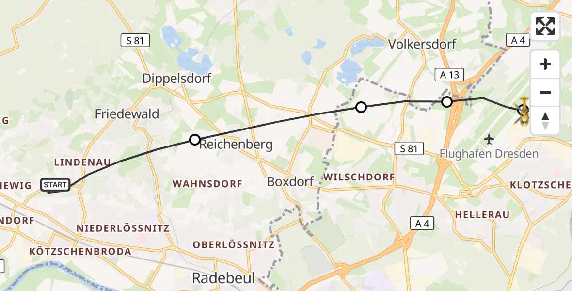 Flugroute Rettungshubschrauber Radebeul - Dresden Bundespolizei Hubschrauberlandeplatz, 19 September 2026, 13:13
