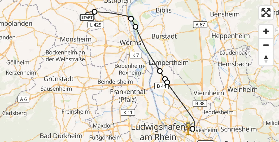 Flugroute Rettungshubschrauber Gundheim - Mannheim-City Flughafen, 19 September 2026, 13:13