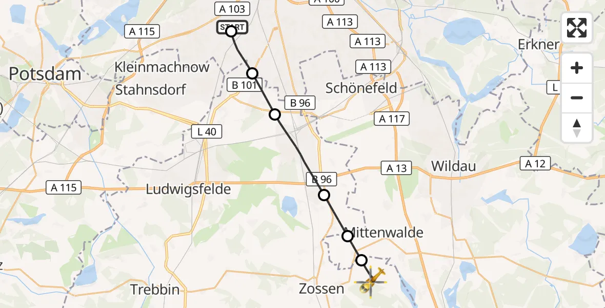 Flugroute Rettungshubschrauber Charité Clinic Benjamin Franklin Campus - Zossen, 19 September 2026, 13:17