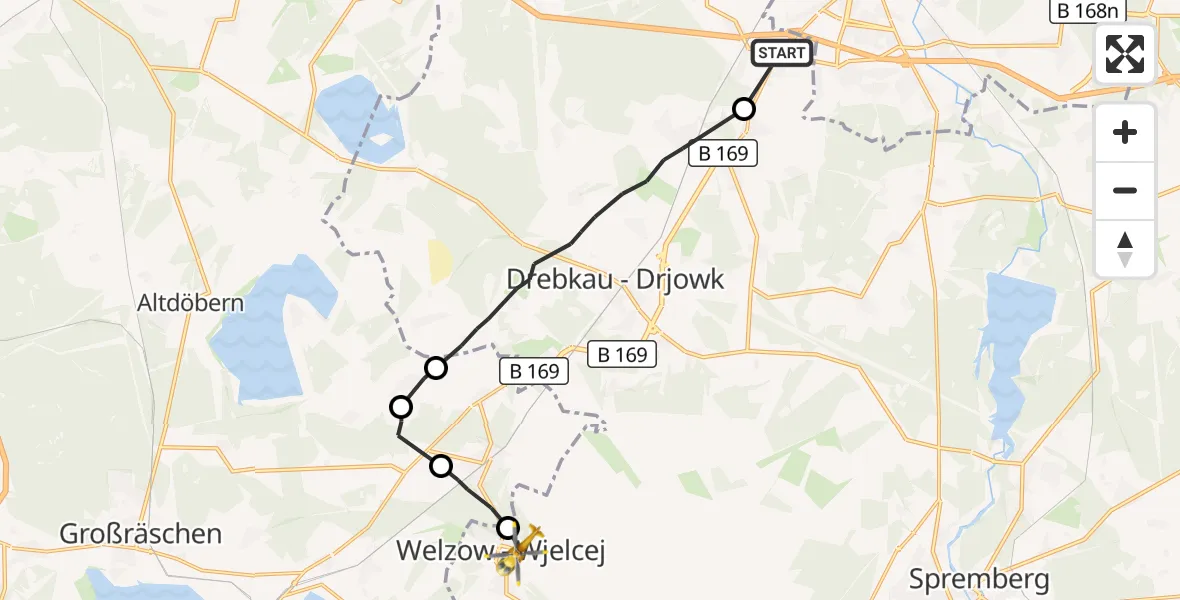 Flugroute Rettungshubschrauber Kolkwitz - Welzow, 19 September 2026, 13:18