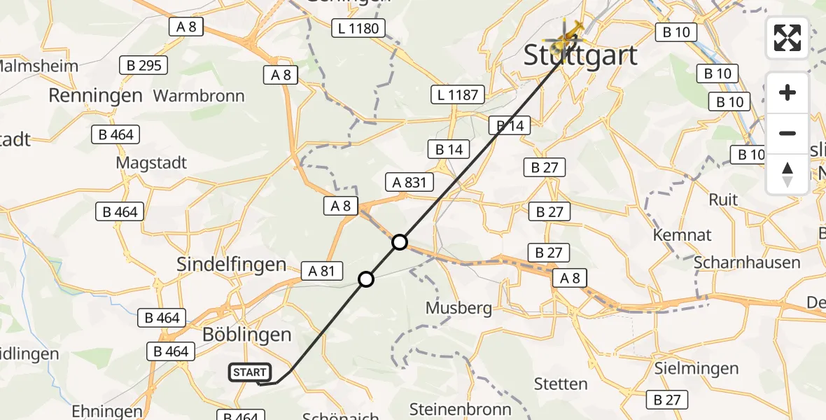 Flugroute Rettungshubschrauber Böblingen - Stuttgart, 19 September 2026, 13:22