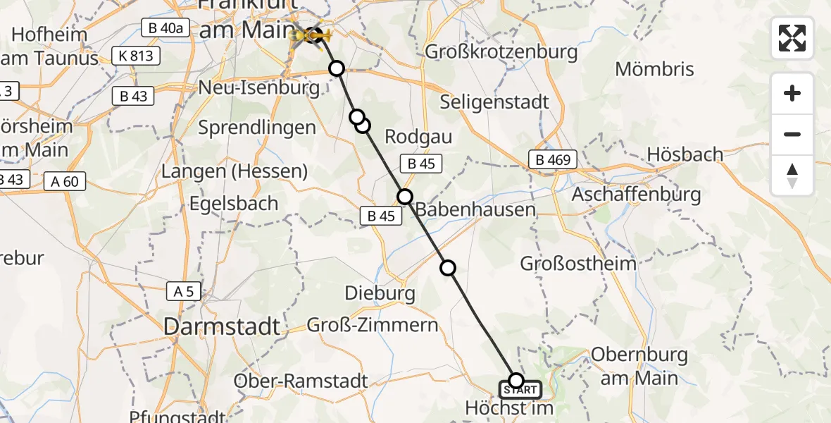 Flugroute Rettungshubschrauber Breuberg - Sana Hospital Offenbach, 19 September 2026, 13:31