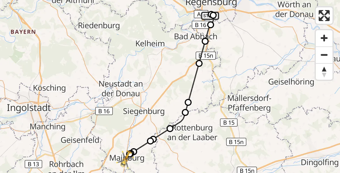 Flugroute Rettungshubschrauber DRF Air Rescue Station Regensburg / Regensburg University Hospital - Mainburg, 19 September 2026, 13:33