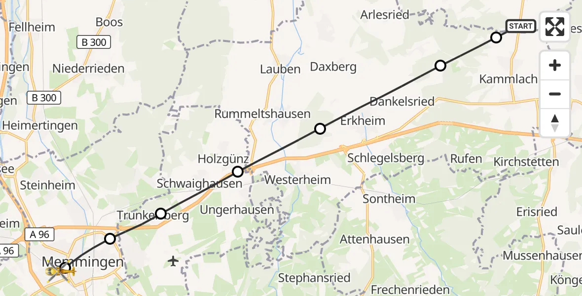 Flugroute Rettungshubschrauber Oberrieden - Memmingen Hospital, 19 September 2026, 13:36