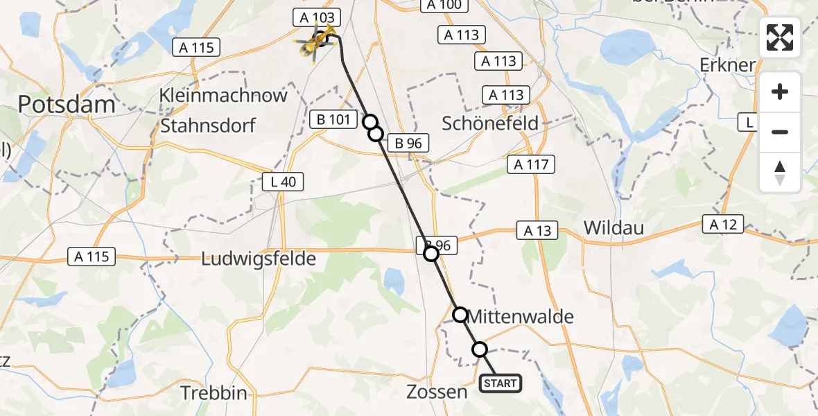 Flugroute Rettungshubschrauber Zossen - Charité Clinic Benjamin Franklin Campus, 19 September 2026, 14:02