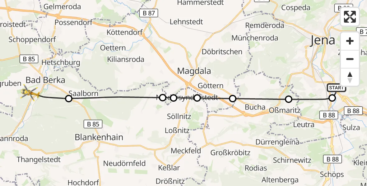 Flugroute Ambulanzhubschrauber Lobeda Hubschrauberlandeplatz - Bad Berka Central Hospital, 19 September 2026, 14:02