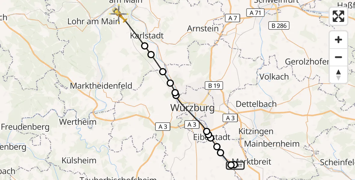 Flugroute Rettungshubschrauber Ochsenfurt Hospital - Karlstadt, 19 September 2026, 14:02