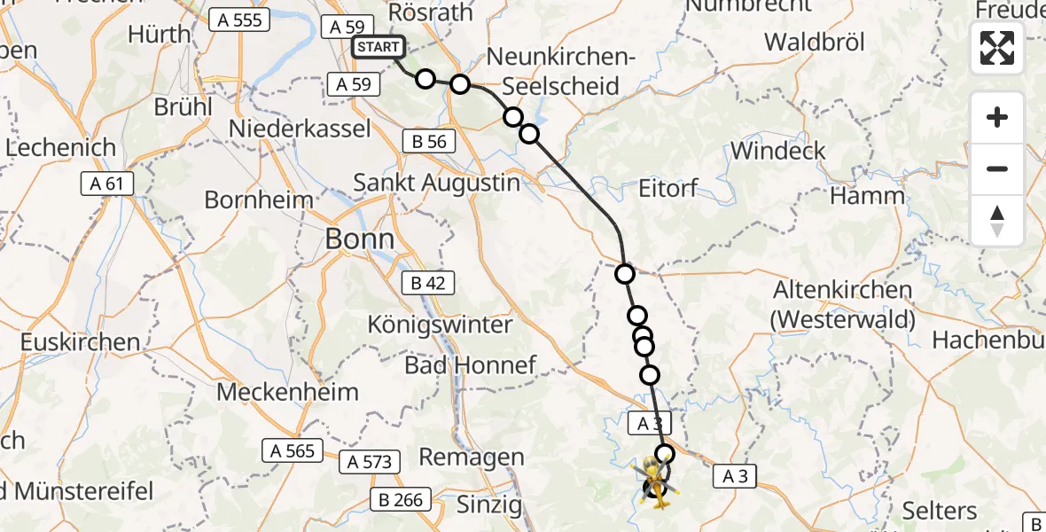 Flugroute Rettungshubschrauber Köln Bonn Flughafen - Breitscheid, 19 September 2026, 14:02