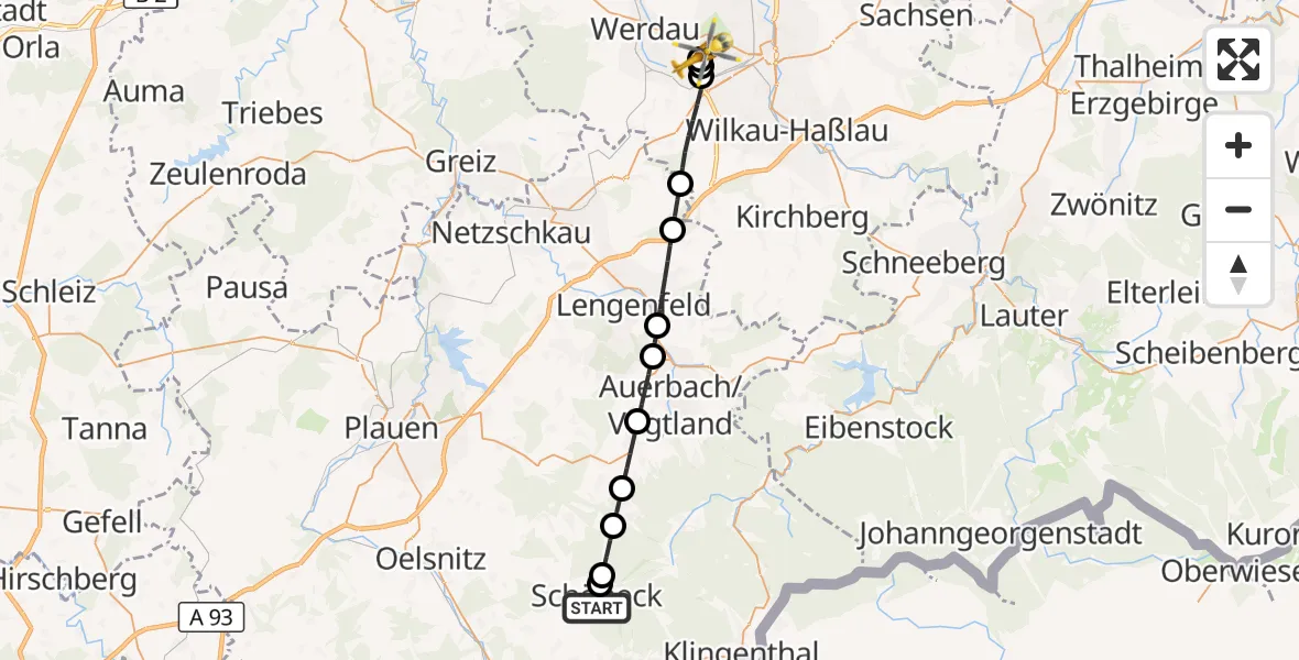 Flugroute Rettungshubschrauber Schöneck/Vogtl. - ADAC Air Rescue Station Zwickau Hubschrauberlandeplatz, 19 September 2026, 14:09