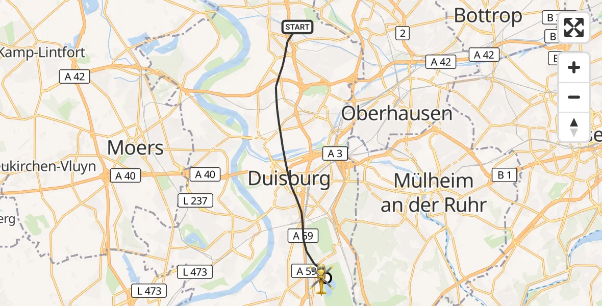 Flugroute Rettungshubschrauber Duisburg - Duisburg Air Rescue Hubschrauberlandeplatz (Christoph 9), 19 September 2026, 14:09