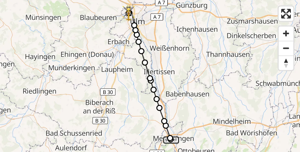 Flugroute Rettungshubschrauber Memmingen Hospital - ADAC Air Rescue Station Ulm (Christoph 22), 19 September 2026, 14:11