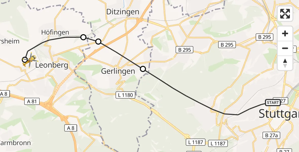 Flugroute Rettungshubschrauber Stuttgart - Leonberg Hospital, 19 September 2026, 14:11