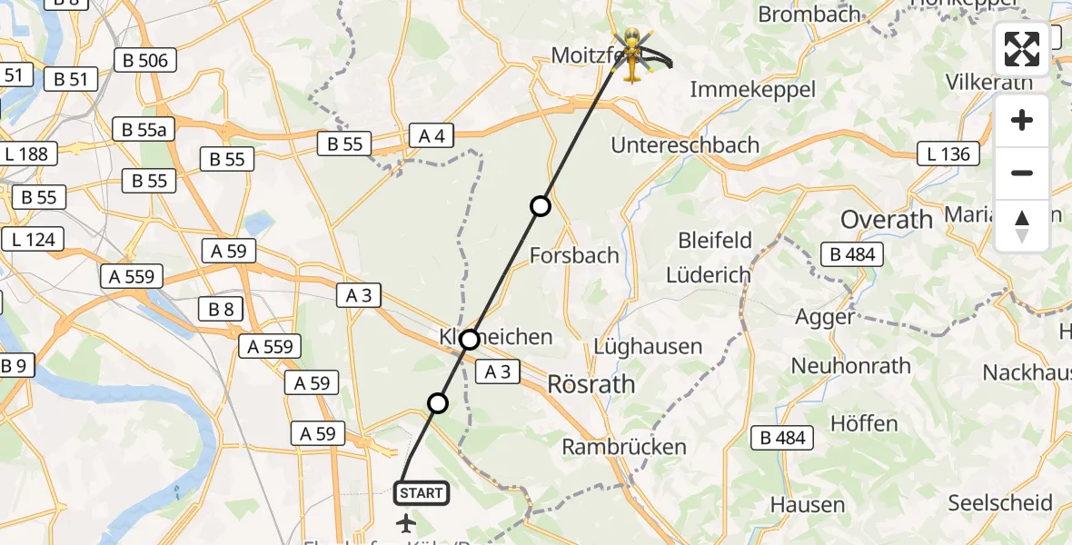 Flugroute Ambulanzhubschrauber Köln Bonn Flughafen - Bergisch Gladbach, 19 September 2026, 14:12