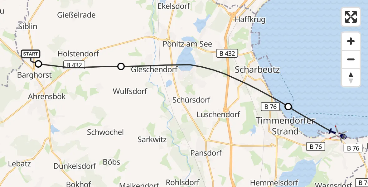 Flugroute Polizeihubschrauber Christoph 12 Luftrettungszentrum - Timmendorfer Strand, 19 September 2026, 14:13