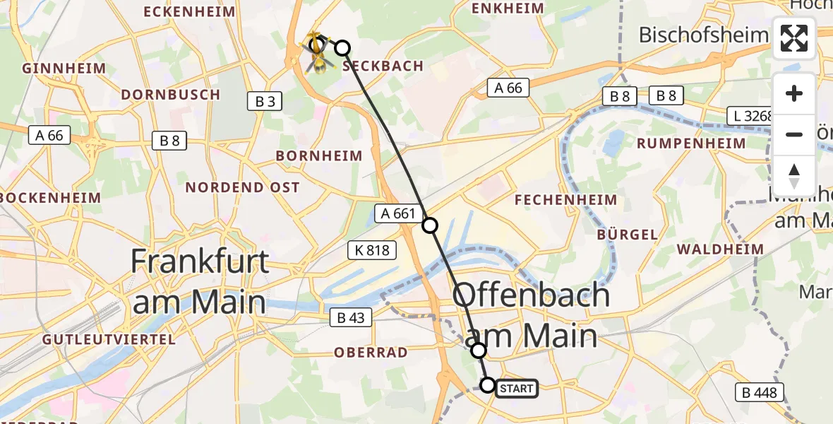 Flugroute Rettungshubschrauber Sana Hospital Offenbach - Frankfurt am Main Accident Hospital Roof Helipad (CHX2), 19 September 2026, 14:15