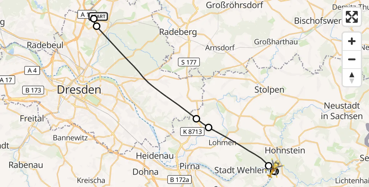 Flugroute Rettungshubschrauber Dresden Bundespolizei Hubschrauberlandeplatz - Rathen, 19 September 2026, 14:24