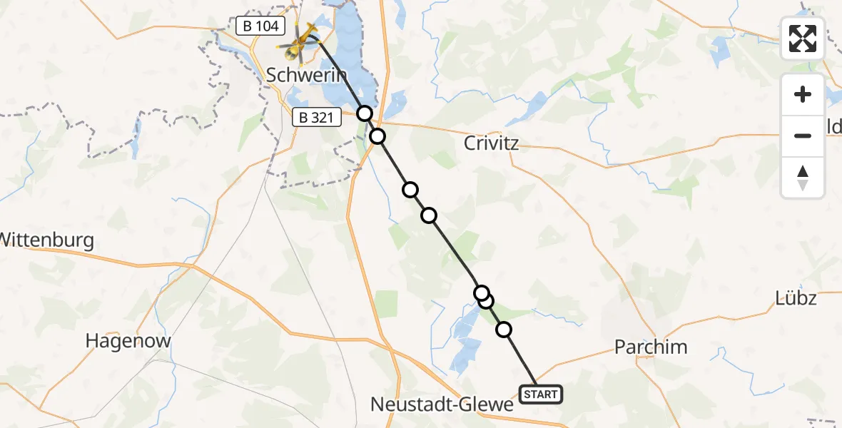 Flugroute Rettungshubschrauber Spornitz - Schwerin, 19 September 2026, 14:24