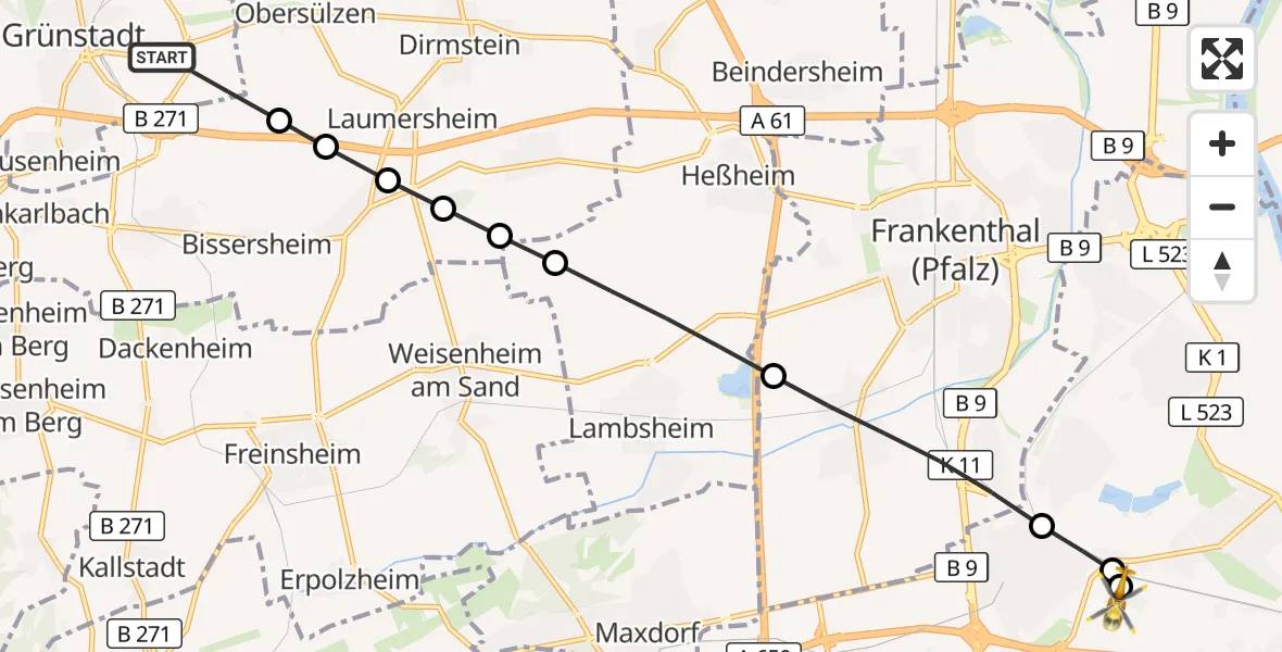 Flugroute Rettungshubschrauber Grünstadt - Ludwigshafen Accident Hospital, 19 September 2026, 14:32