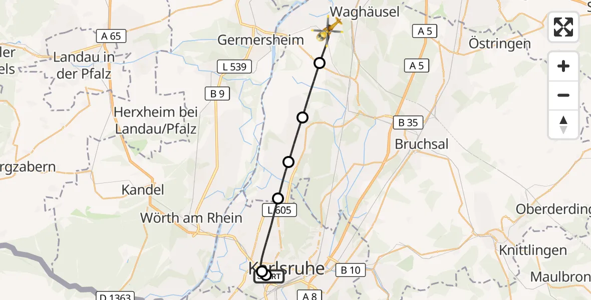 Flugroute Ambulanzhubschrauber Sankt Vincentius Hospital - Philippsburg, 19 September 2026, 14:32