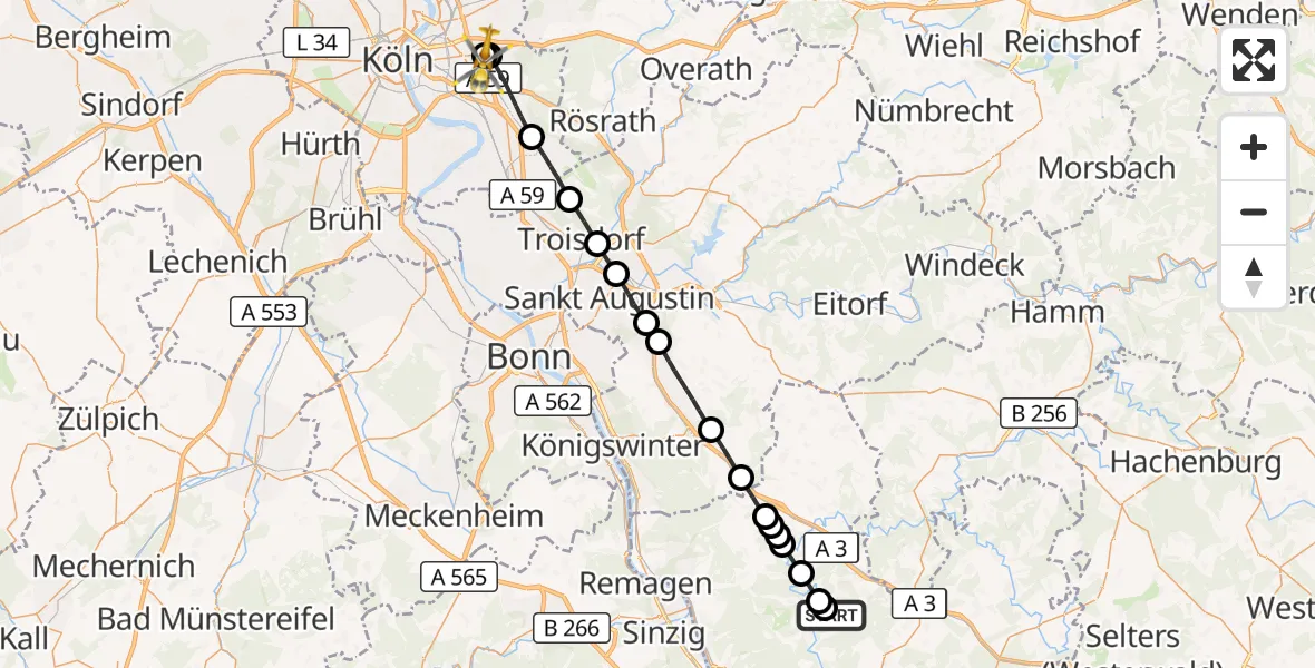 Flugroute Rettungshubschrauber Waldbreitbach - Merheim Hospital, 19 September 2026, 14:39