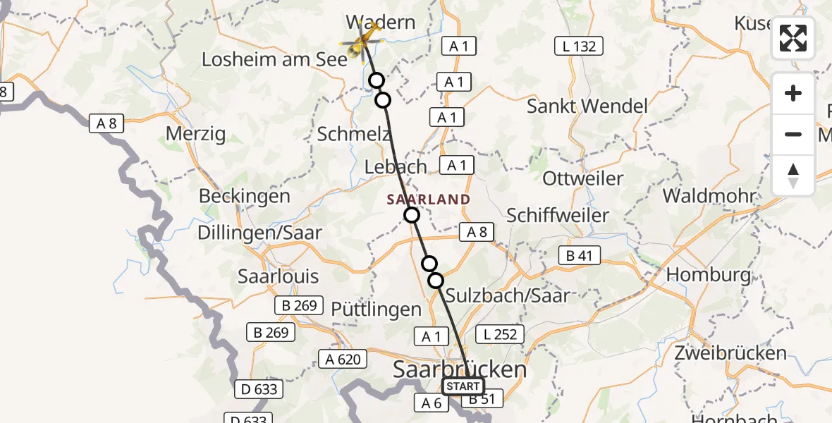 Flugroute Rettungshubschrauber Saarbrücken - Wadern, 19 September 2026, 14:42