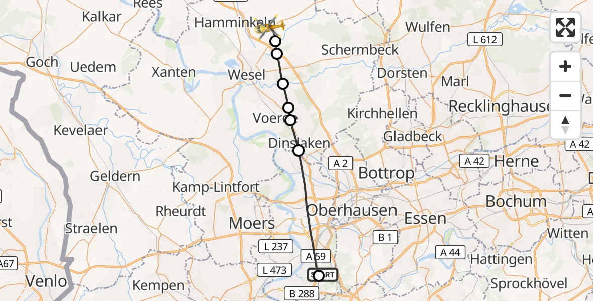 Flugroute Rettungshubschrauber Duisburg Air Rescue Hubschrauberlandeplatz (Christoph 9) - Hamminkeln, 19 September 2026, 14:44