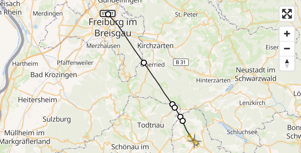 Flugroute Ambulanzhubschrauber Freiburg im Breisgau Flugplatz - Bernau im Schwarzwald, 19 September 2026, 14:48
