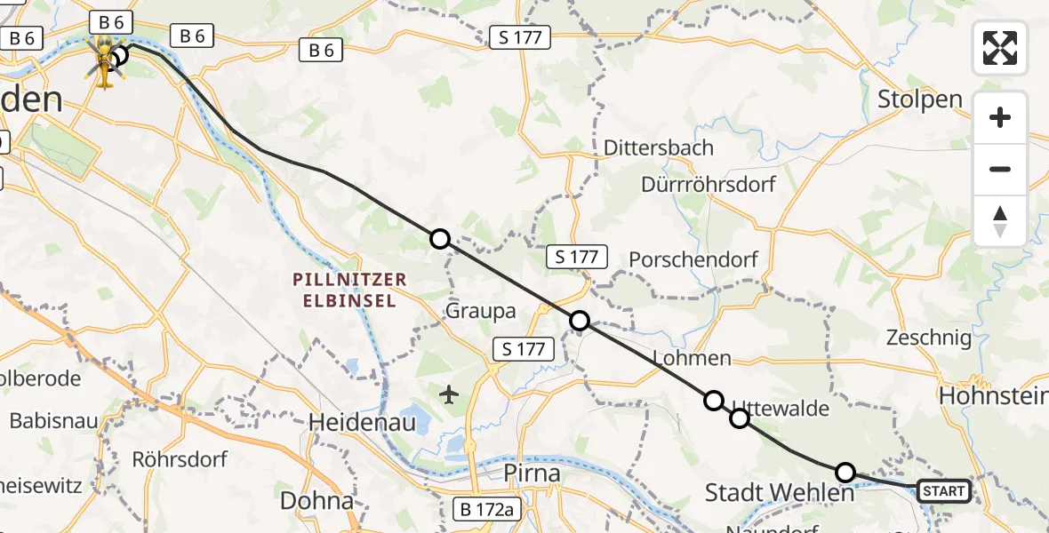 Flugroute Rettungshubschrauber Rathen - Dresden University Hospital, 19 September 2026, 14:50