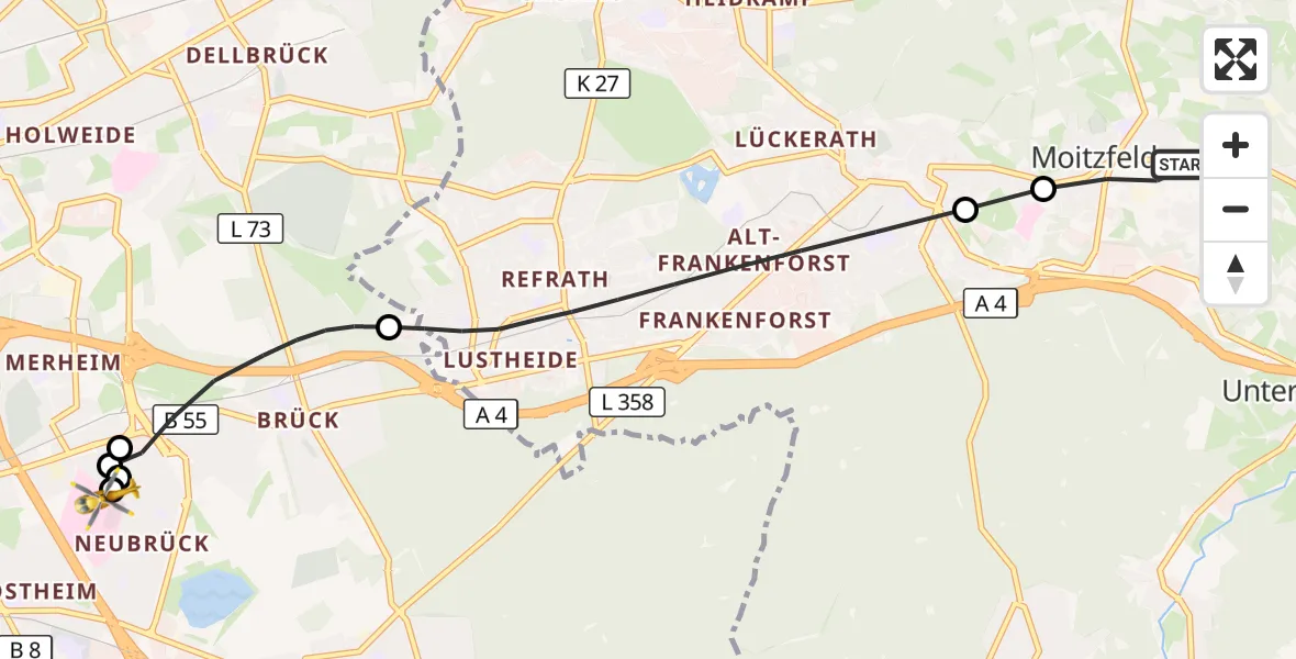 Flugroute Ambulanzhubschrauber Bergisch Gladbach - Merheim Hospital, 19 September 2026, 14:51