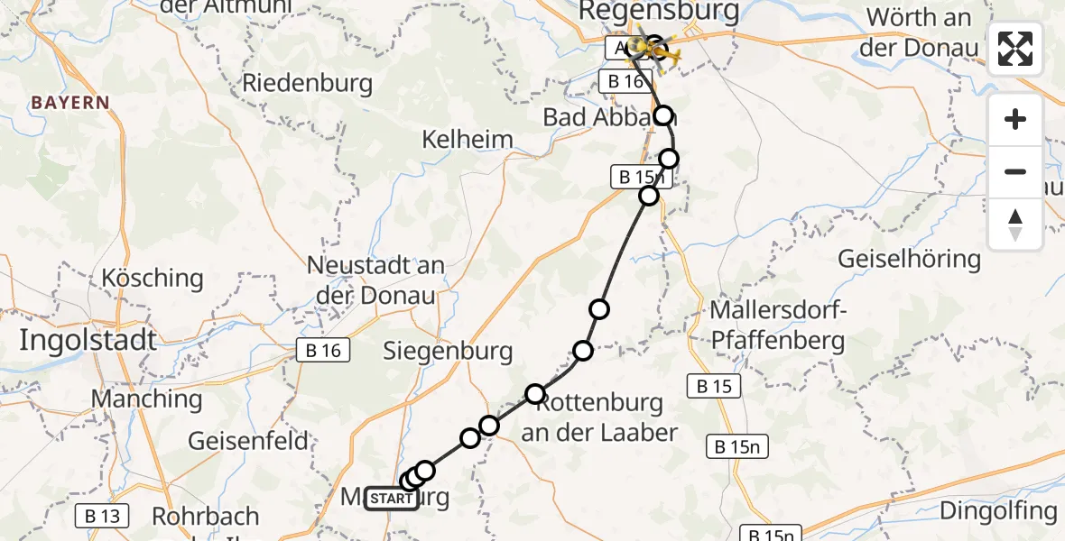 Flugroute Rettungshubschrauber Mainburg - DRF Air Rescue Station Regensburg / Regensburg University Hospital, 19 September 2026, 14:52
