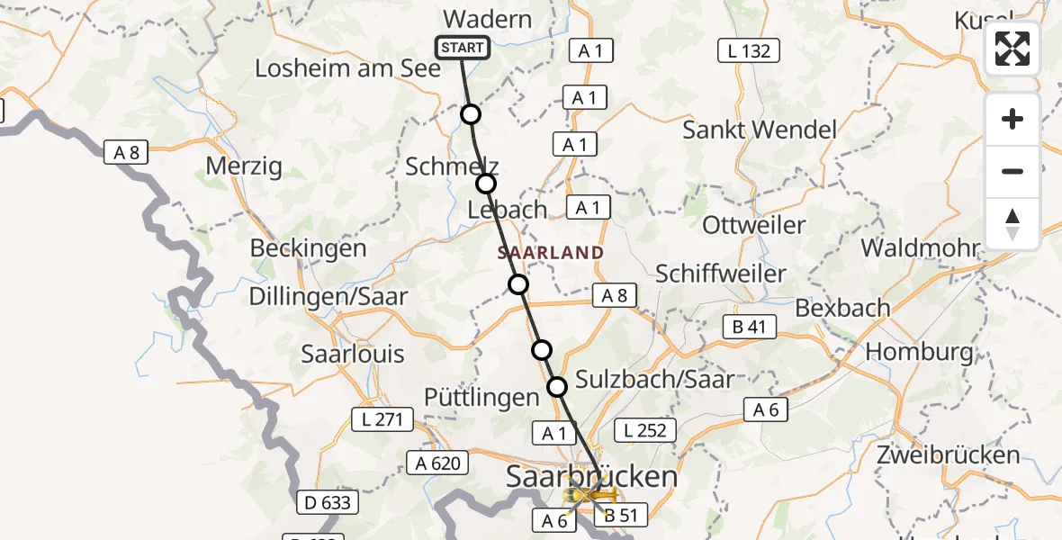 Flugroute Rettungshubschrauber Wadern - Saarbrücken, 19 September 2026, 15:27