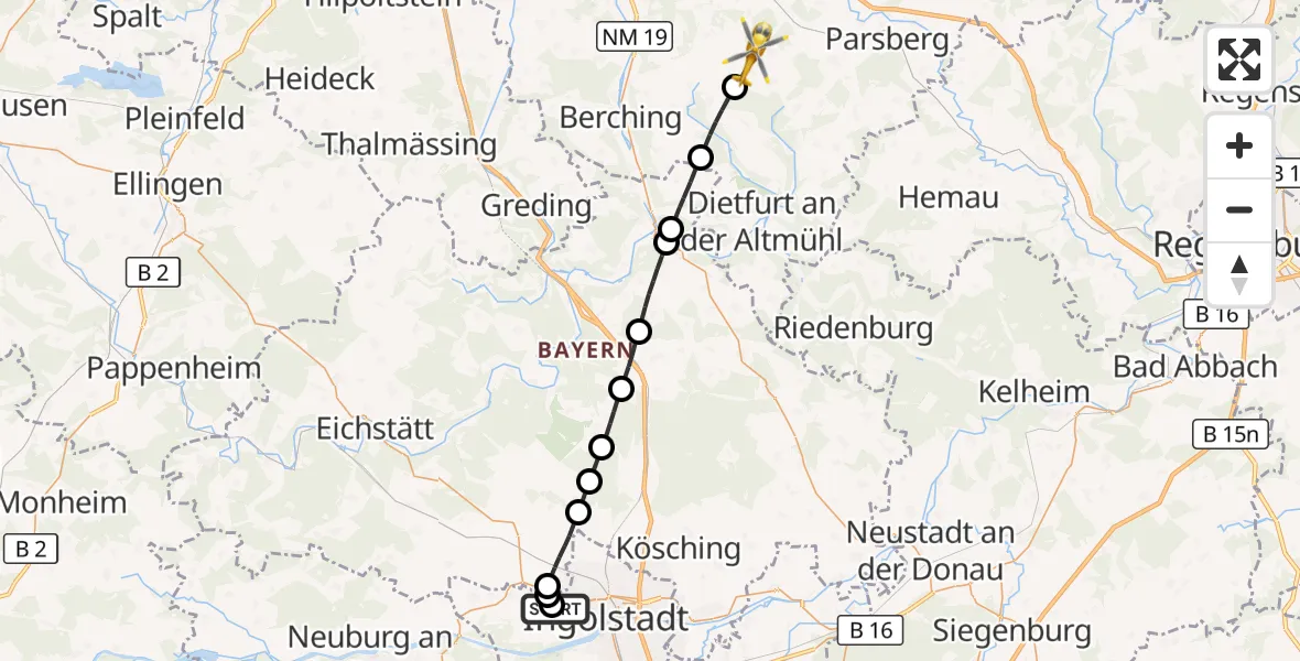 Flugroute Rettungshubschrauber Ingolstadt Hospital - Seubersdorf i.d.OPf., 19 September 2026, 15:29