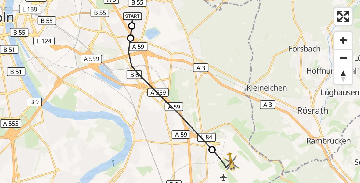 Flugroute Ambulanzhubschrauber Merheim Hospital - Köln Bonn Flughafen, 19 September 2026, 15:29