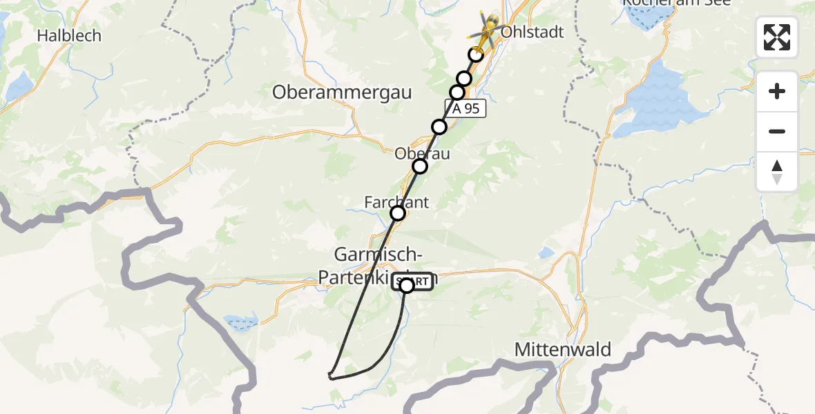Flugroute Rettungshubschrauber Garmisch-Partenkirchen Clinic Hubschrauberlandeplatz - Ohlstadt, 19 September 2026, 15:33