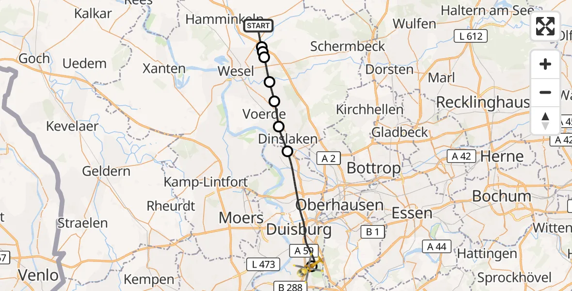 Flugroute Rettungshubschrauber Hamminkeln - Duisburg Air Rescue Hubschrauberlandeplatz (Christoph 9), 19 September 2026, 15:39