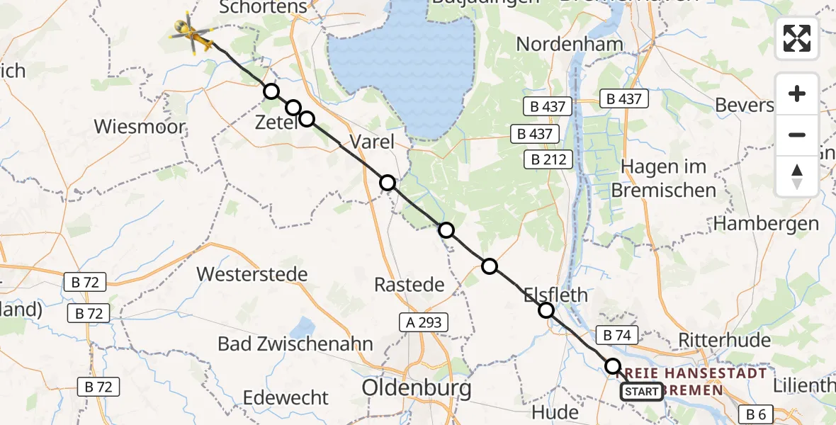 Flugroute Rettungshubschrauber Lemwerder - Jever, 19 September 2026, 15:40