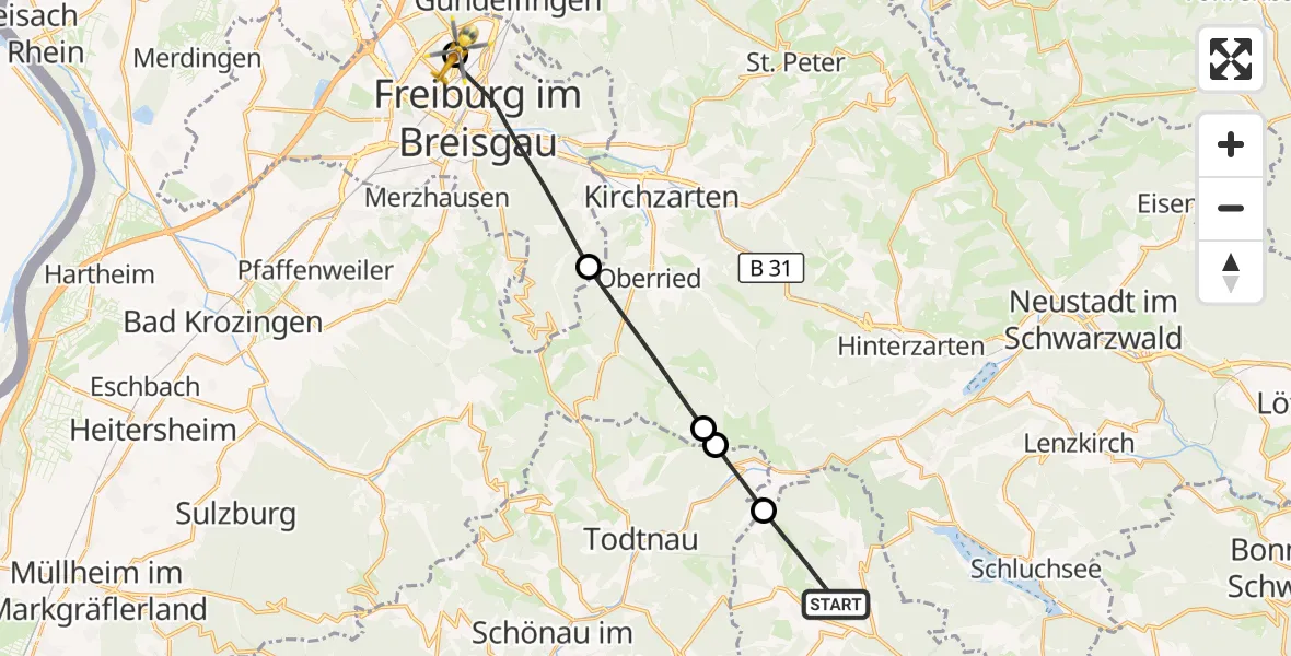 Flugroute Ambulanzhubschrauber Bernau im Schwarzwald - Freiburg im Breisgau Flugplatz, 19 September 2026, 15:48