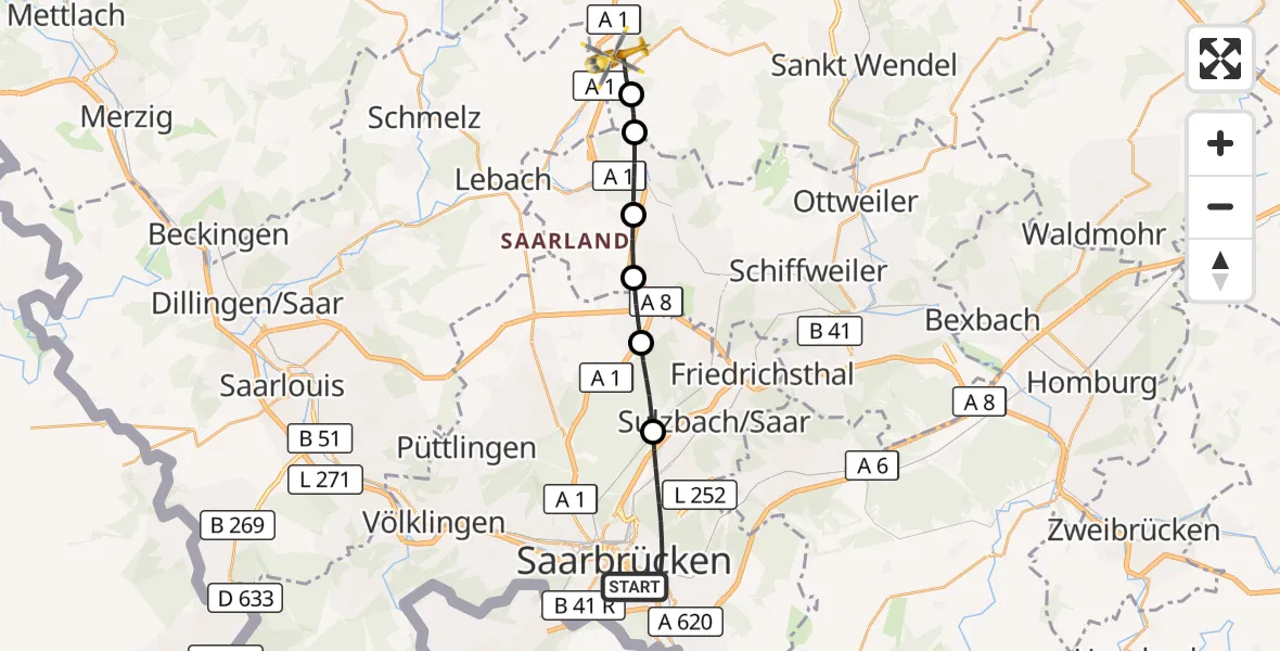 Flugroute Rettungshubschrauber Saarbrücken - Tholey, 19 September 2026, 15:50
