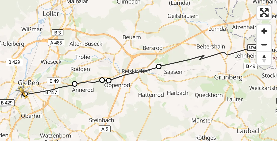 Flugroute Rettungshubschrauber Grünberg - Gießen University Hospital, 19 September 2026, 15:52