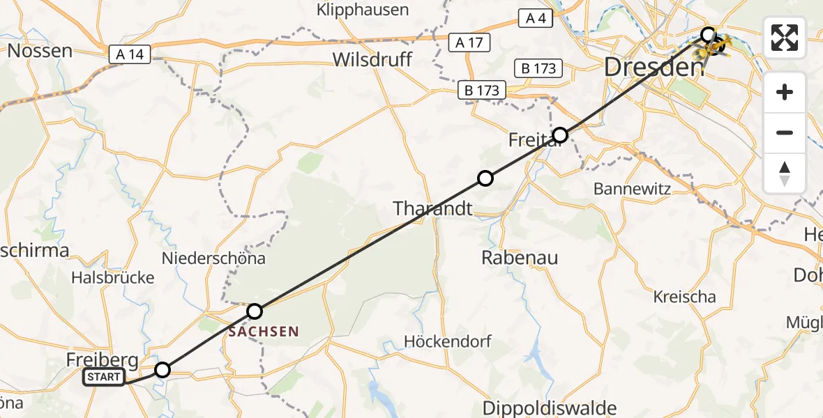Flugroute Rettungshubschrauber Freiberg - Dresden University Hospital, 19 September 2026, 15:59