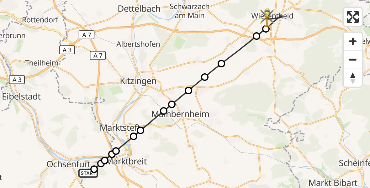 Flugroute Rettungshubschrauber Ochsenfurt Hospital - Wiesentheid, 19 September 2026, 16:07