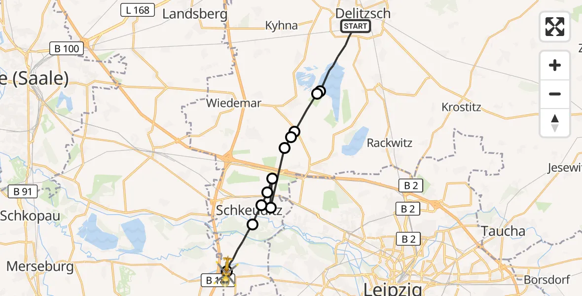 Flugroute Rettungshubschrauber Delitzsch - ADAC Air Rescue Station Leipzig/Schkeuditz-Dölzig Hubschrauberlandeplatz (Christoph 61), 19 September 2026, 16:24