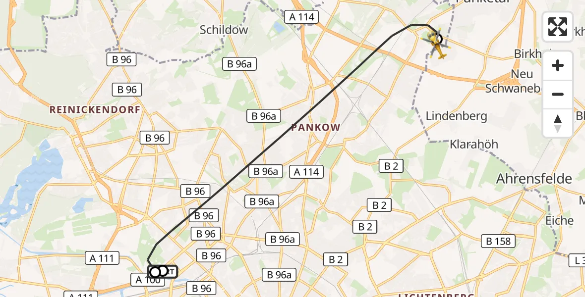 Flugroute Rettungshubschrauber Charité Clinic Virchow Campus - Helios Clinic Berlin-Buch, 19 September 2026, 16:36