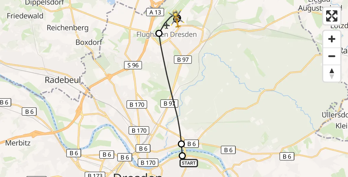 Flugroute Rettungshubschrauber Dresden University Hospital - Dresden Flughafen, 19 September 2026, 16:36