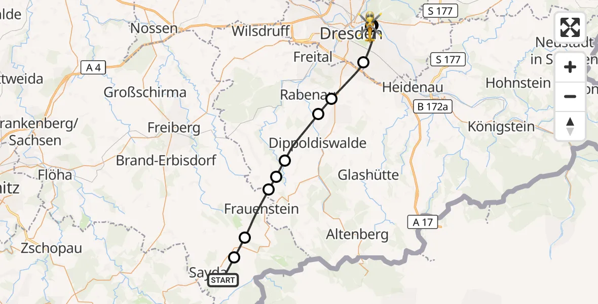 Flugroute Rettungshubschrauber Sayda - Dresden University Hospital, 19 September 2026, 16:38