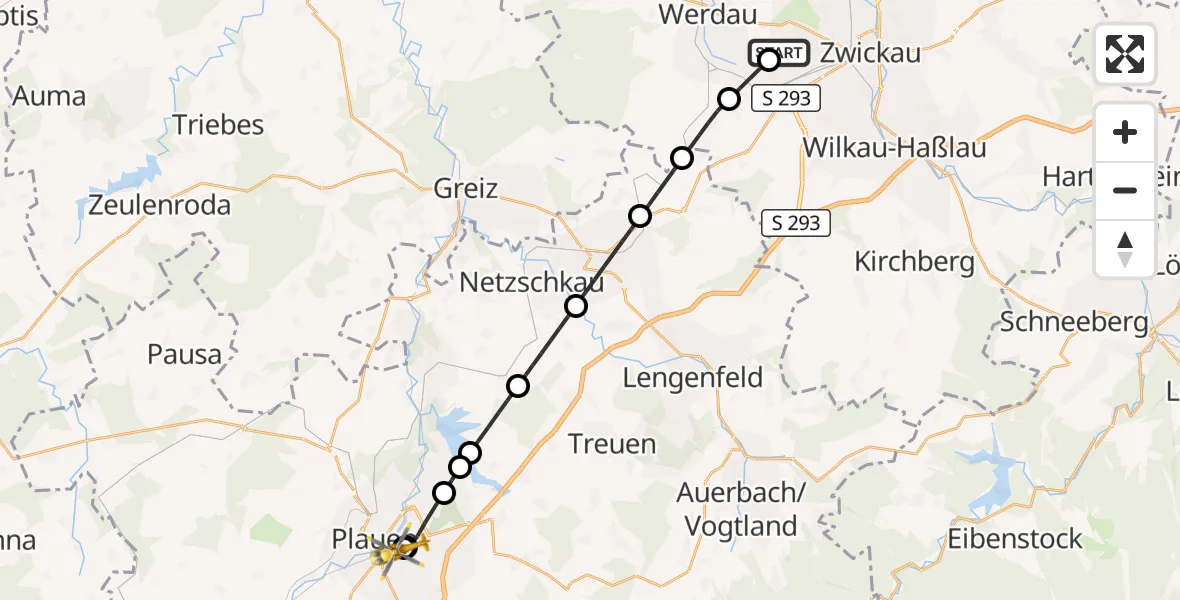 Flugroute Rettungshubschrauber ADAC Air Rescue Station Zwickau Hubschrauberlandeplatz - Helios Clinic Plauen, 19 September 2026, 16:39