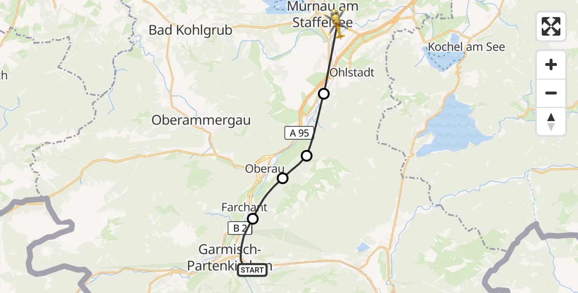Flugroute Rettungshubschrauber Garmisch-Partenkirchen - Murnau Accident Hospital Hubschrauberlandeplatz, 19 September 2026, 16:40
