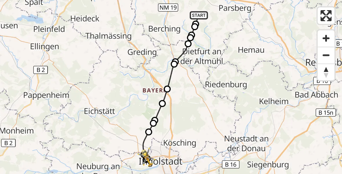 Flugroute Rettungshubschrauber Seubersdorf i.d.OPf. - Ingolstadt Hospital, 19 September 2026, 16:42