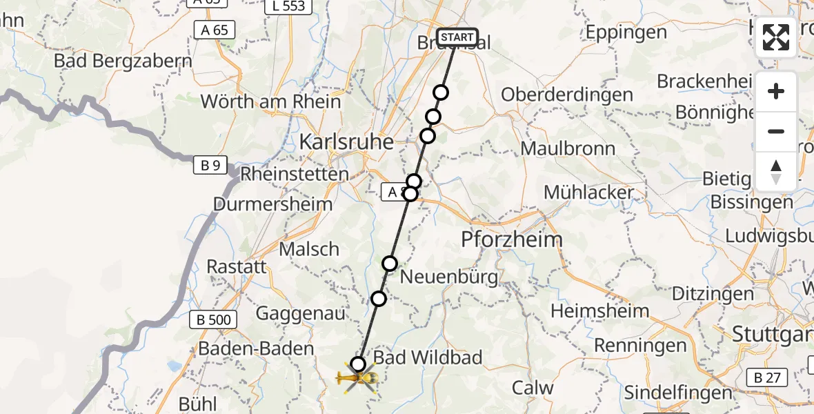Flugroute Ambulanzhubschrauber Bruchsal - Gernsbach, 19 September 2026, 16:57